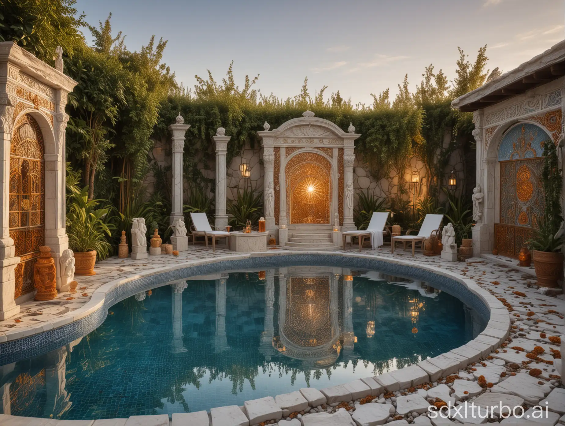 a vast luxury atlantide outdoor spa in nordic style, with carved adorned stone and amber sculptures, many magical signs on walls, crystals, green plants, cups, blue and white pool mosaic, sunset atmosphere, highly detailed