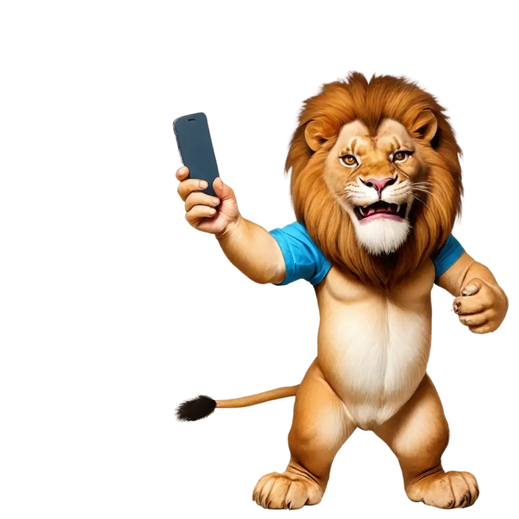 Brave-and-Colorful-Lion-Holding-Mobile-PNG-Image-Enhance-Your-Design-with-Courage-and-Vibrancy