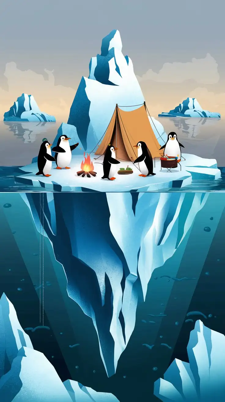 Whimsical Penguins Camping on Iceberg Digital Painting