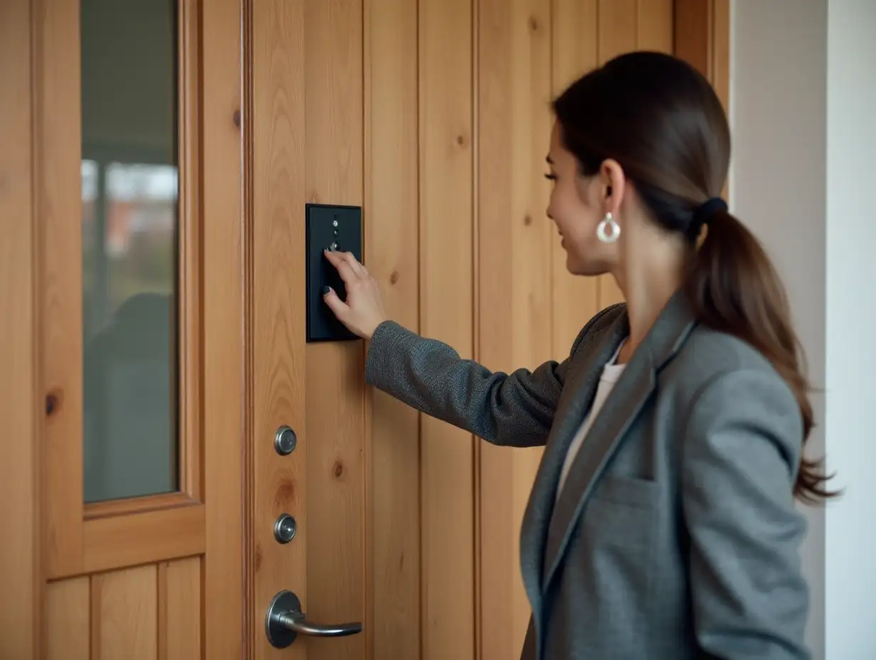 Woman in a gray blazer pressing a modern doorbell on a stylish wooden door