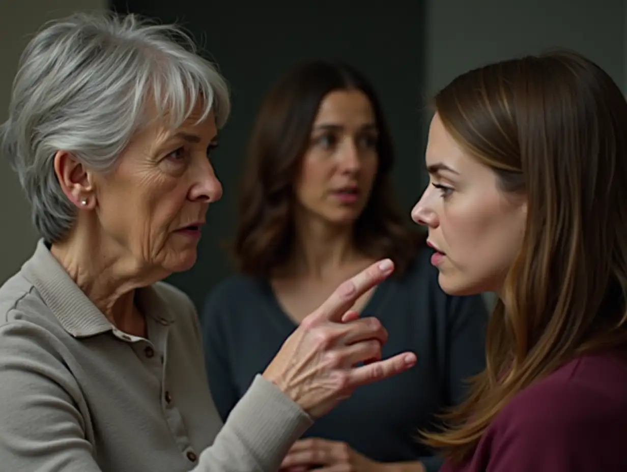 An older woman with short, silver hair has an intense expression as she points a finger at a younger woman with long, brown hair, who looks back with a serious demeanor. In the background, a second younger woman with medium-length hair observes the interaction. The setting appears to be an indoor space with soft lighting, emphasizing the tension in the conversation. All three women are dressed in casual, neutral colors.