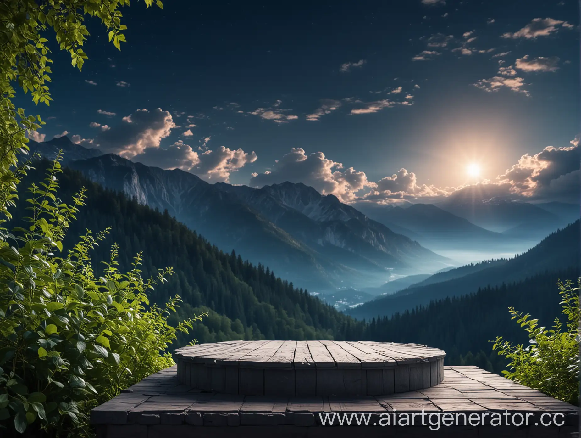 Mountain-Podium-in-Summer-Night-with-Blue-Sky-and-Clouds