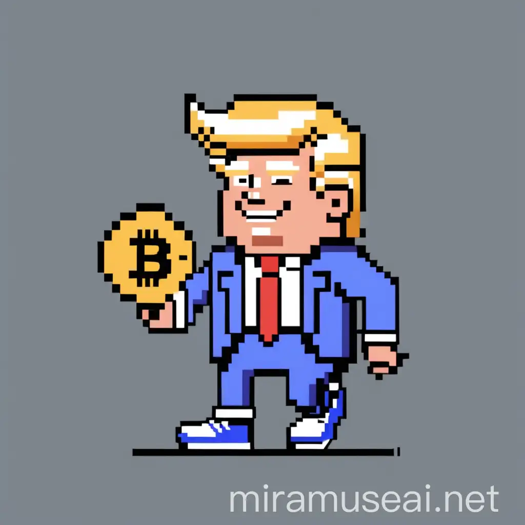 Pixel Art of Happy Donald Trump Holding Bitcoin and Wearing Nike Sneakers