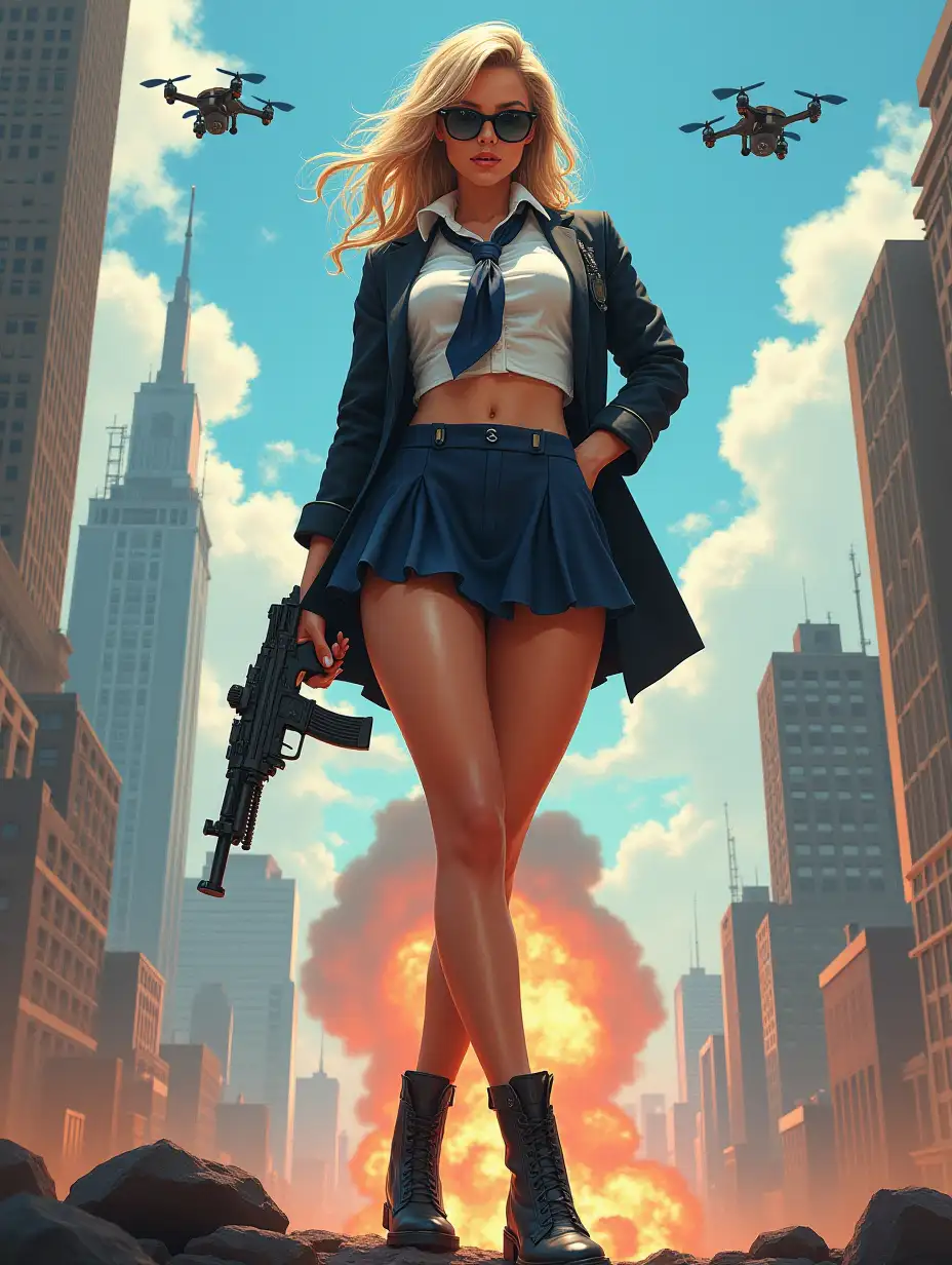 Wide-angle digital painting, (Beautiful woman in stylish school uniform, extreme midriff showing, short skirt, combat boots, and sunglasses : 1.3), Triangular composition, Dynamic full-length pose, Confident expression, (Armed mercenary: 1.3), Gun grip, Supporting pose, City background, Skyscrapers in the distance, nuclear explosion in extreme distance, two small targeting drones above, (Bright sunlight: 1.2), Sharp contrasts, Bold colors, Clear details. Female mercenary in cool cyberpunk style in colorful fantasy style, realism, post-apocalyptic landscape, cartel, bald rod, oil painting, rod Nostalgia, strong emotions, low angle, high detail, sharp focus