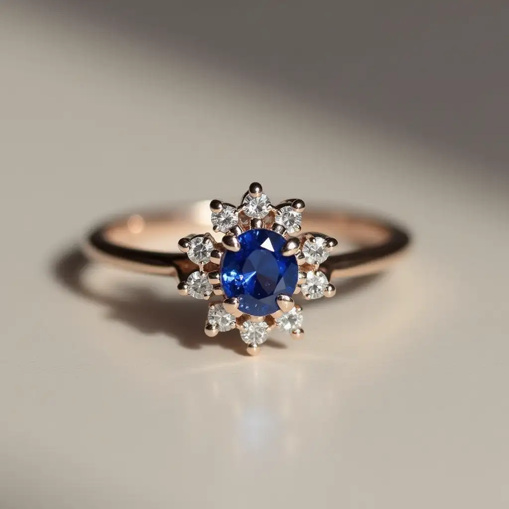 a snowflake-shaped blue sapphire ring, simple design, modernist style