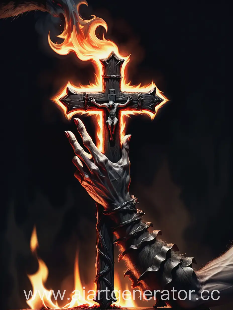 werewolf hand holding burning cross, art