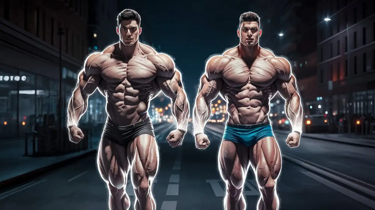 Two-Muscular-Bodybuilder-Superheroes-Walking-Together-on-a-City-Street-at-Night