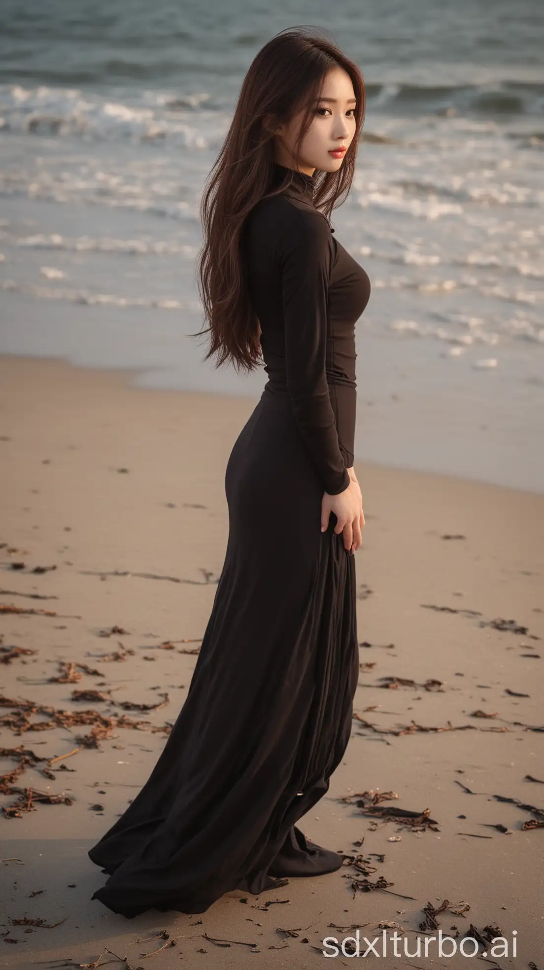 Chinese-Beauty-with-Brown-Long-Hair-on-a-Beach-at-Winter-Dusk