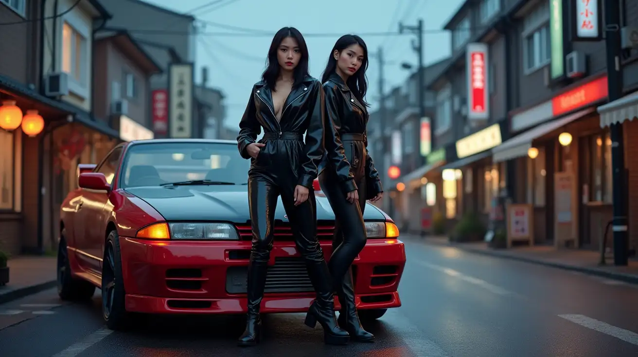 Two-Asian-Women-in-Shiny-PVC-Jumpsuits-on-Japanese-Street-at-Dusk-with-Nissan-R32