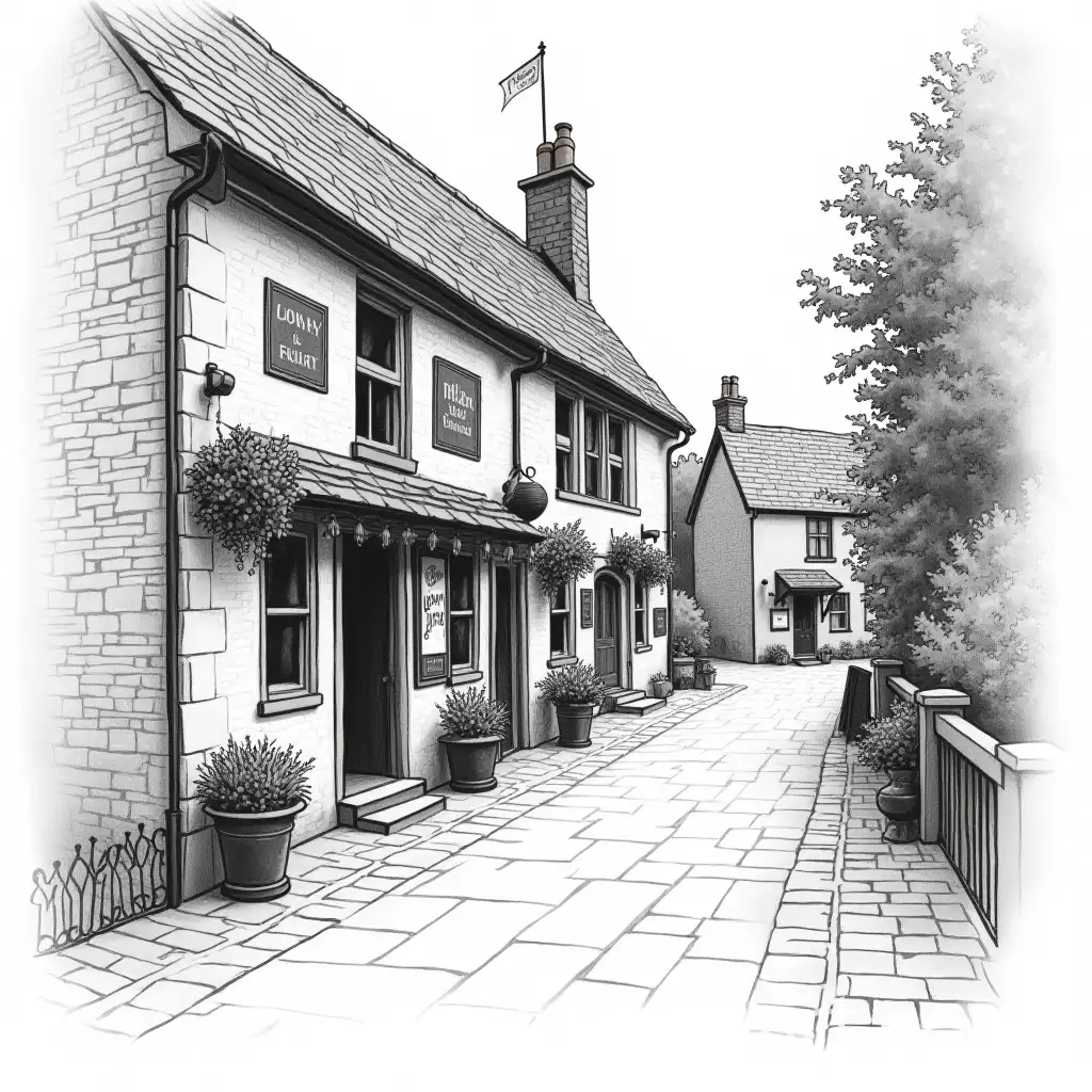 Sketch-Drawing-of-English-Pub-Setting-in-Black-and-White