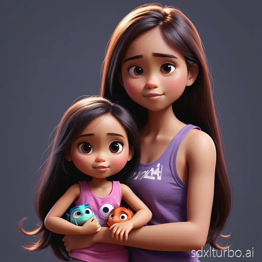 little girl from indonesia long hair tank top hold doll pixar