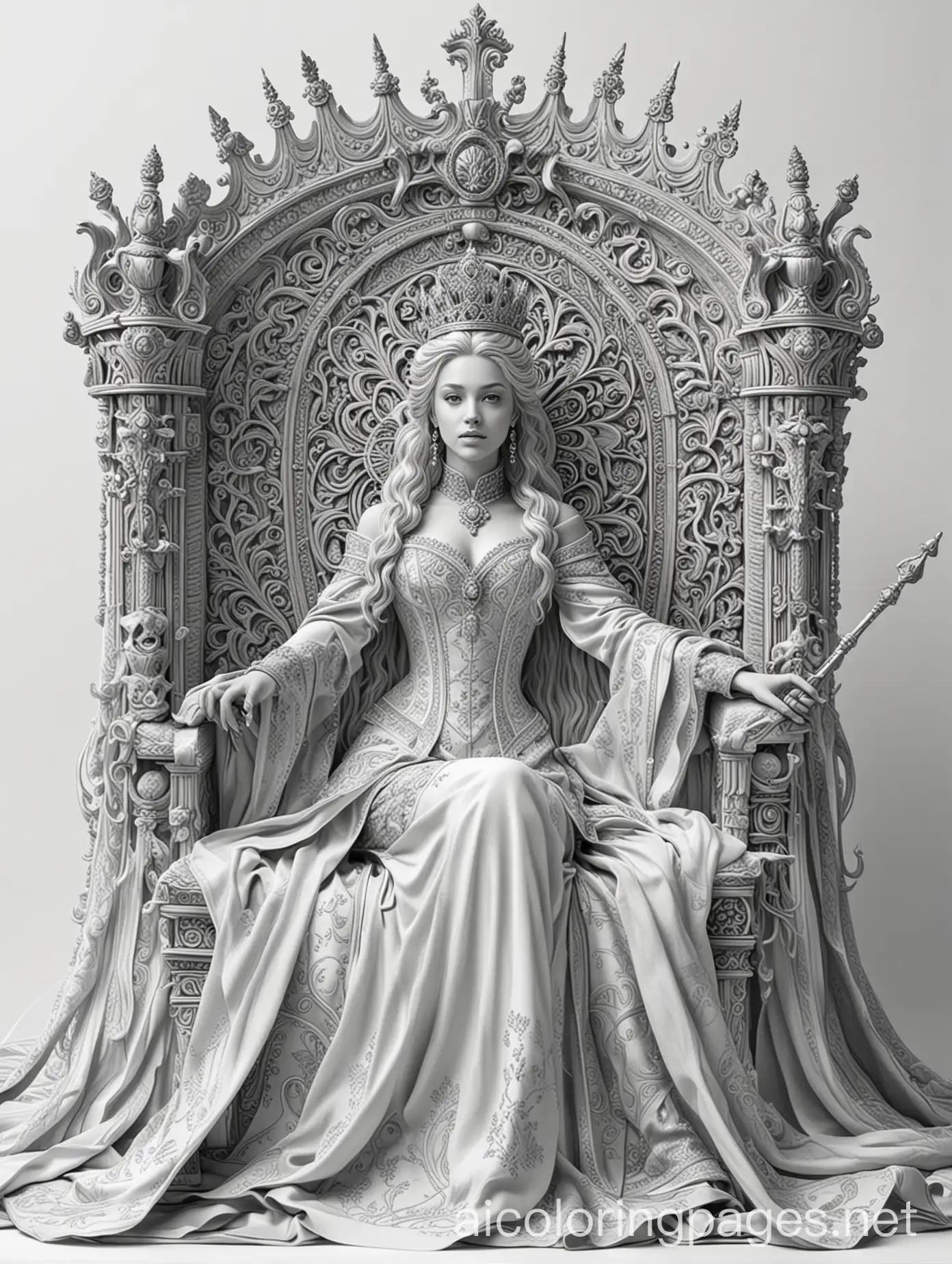 ultra realistic ornate royal court female king and male queen sitting in thrones, Coloring Page, black and white, line art, white background, Simplicity, Ample White Space. The background of the coloring page is plain white to make it easy for young children to color within the lines. The outlines of all the subjects are easy to distinguish, making it simple for kids to color without too much difficulty