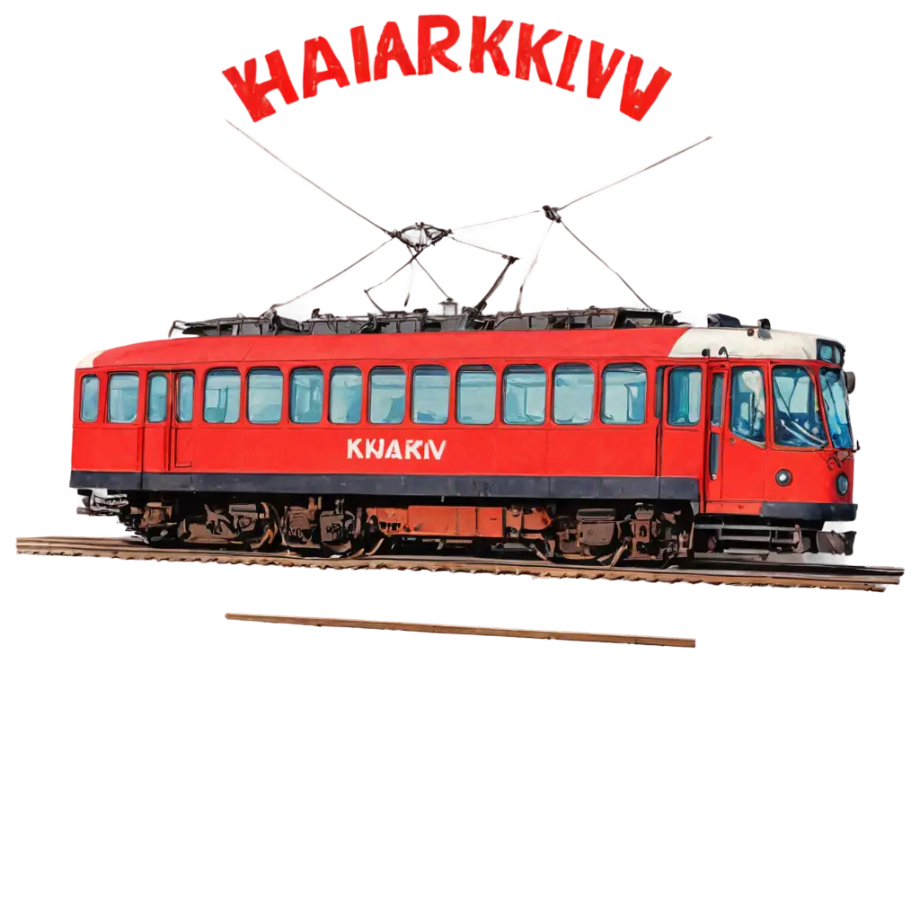 Design for a children's t-shirt with a red old tram from Kharkiv and the inscription 'KHARKIV'