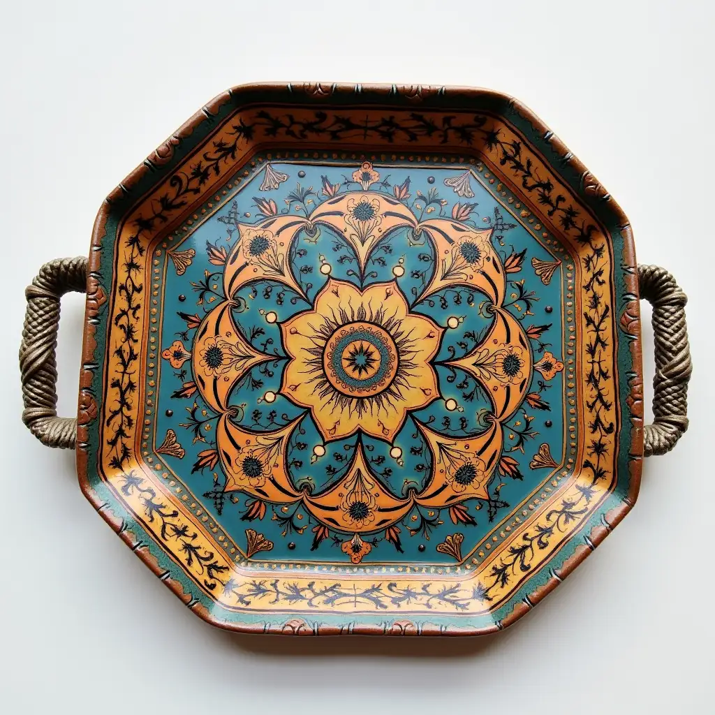 Hexagon with rounded corners ceramic serving dish with embossed beautiful handle, Fine art, Hyper detailed, Antique and old, Qajar art, Iranian Tabriz carpet design