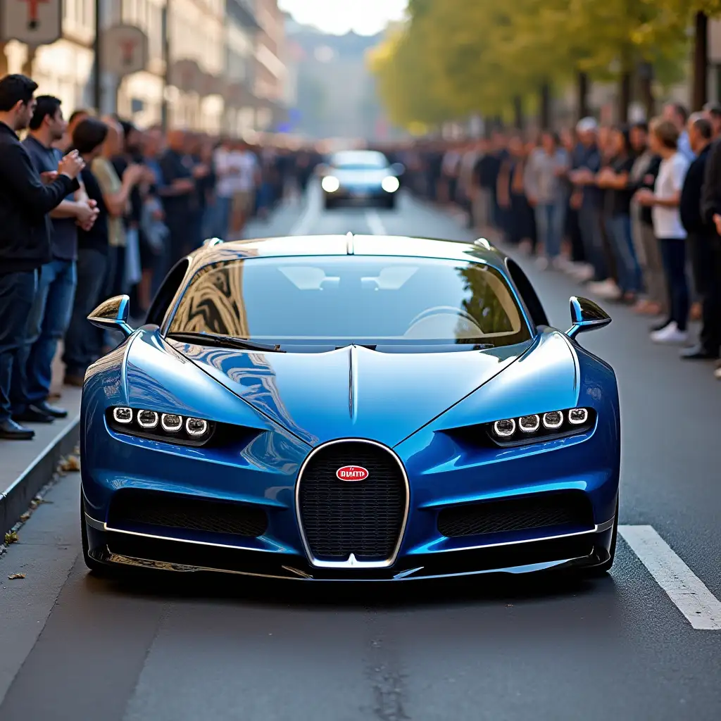 Bugatti in the busy street crowded with fans