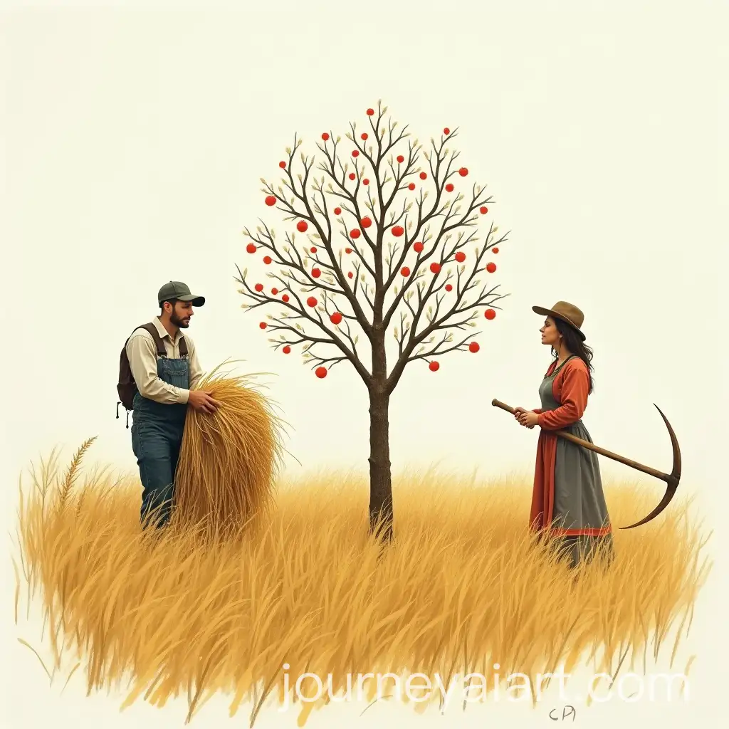 Man-Harvesting-Wheat-with-Apple-Tree-and-Woman-Carrying-Scythe-in-Blurred-Distorted-Style