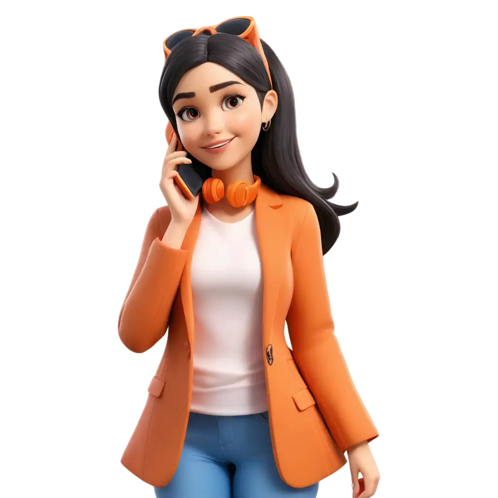 PNG-Image-of-a-Student-Girl-with-Orange-Phone-Call-Cartoon-Style-Moslem-Theme