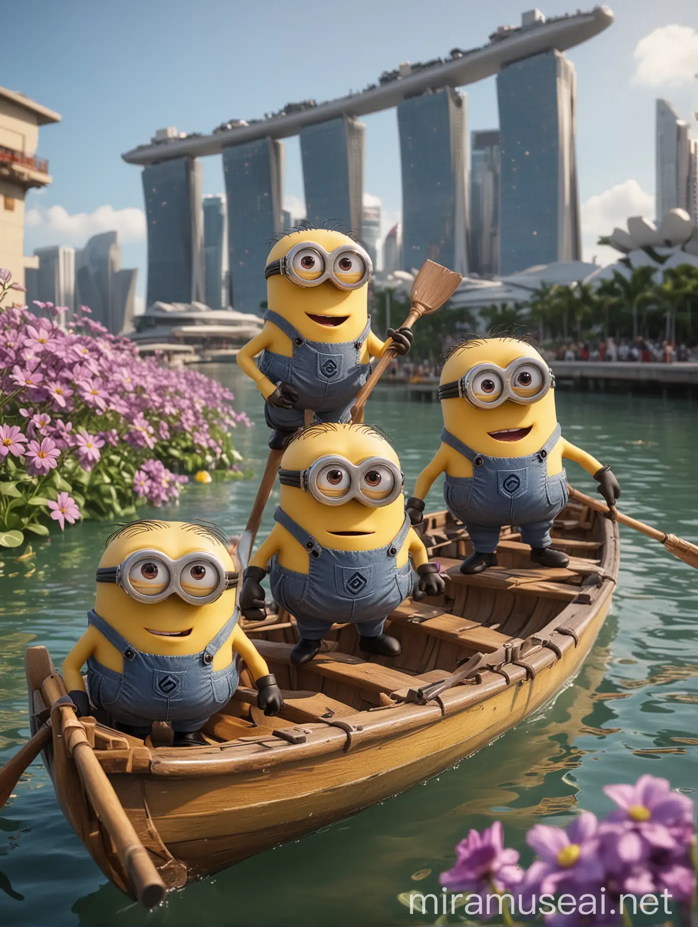 Minions Rowing in Singapore with Marina Bay Sands in Cartoon Style