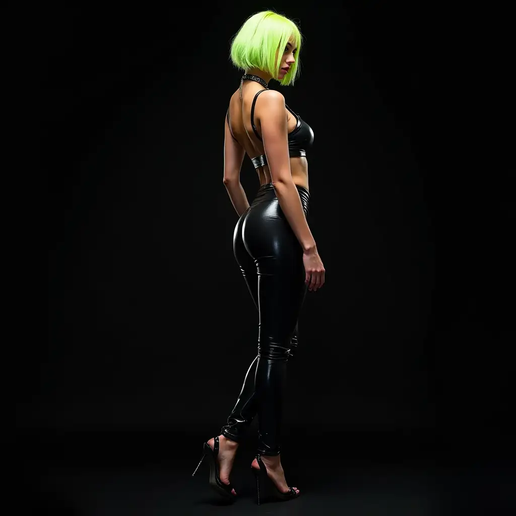 depiction of a beautiful white woman with short mixed green-yellow hair in a futuristic cyber and tight leather pants and high heels, black background (120mm) shot poster