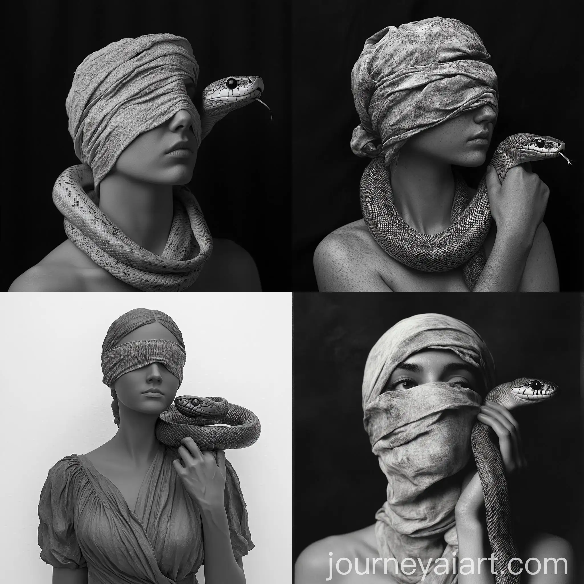 Blindfolded-Woman-with-Snake-Black-and-White-Portrait