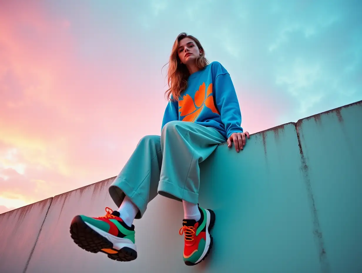 Gen-Z-Model-in-Trendy-Oversized-Sneakers-and-Vibrant-Blue-Sweater-Against-Dreamy-Sky