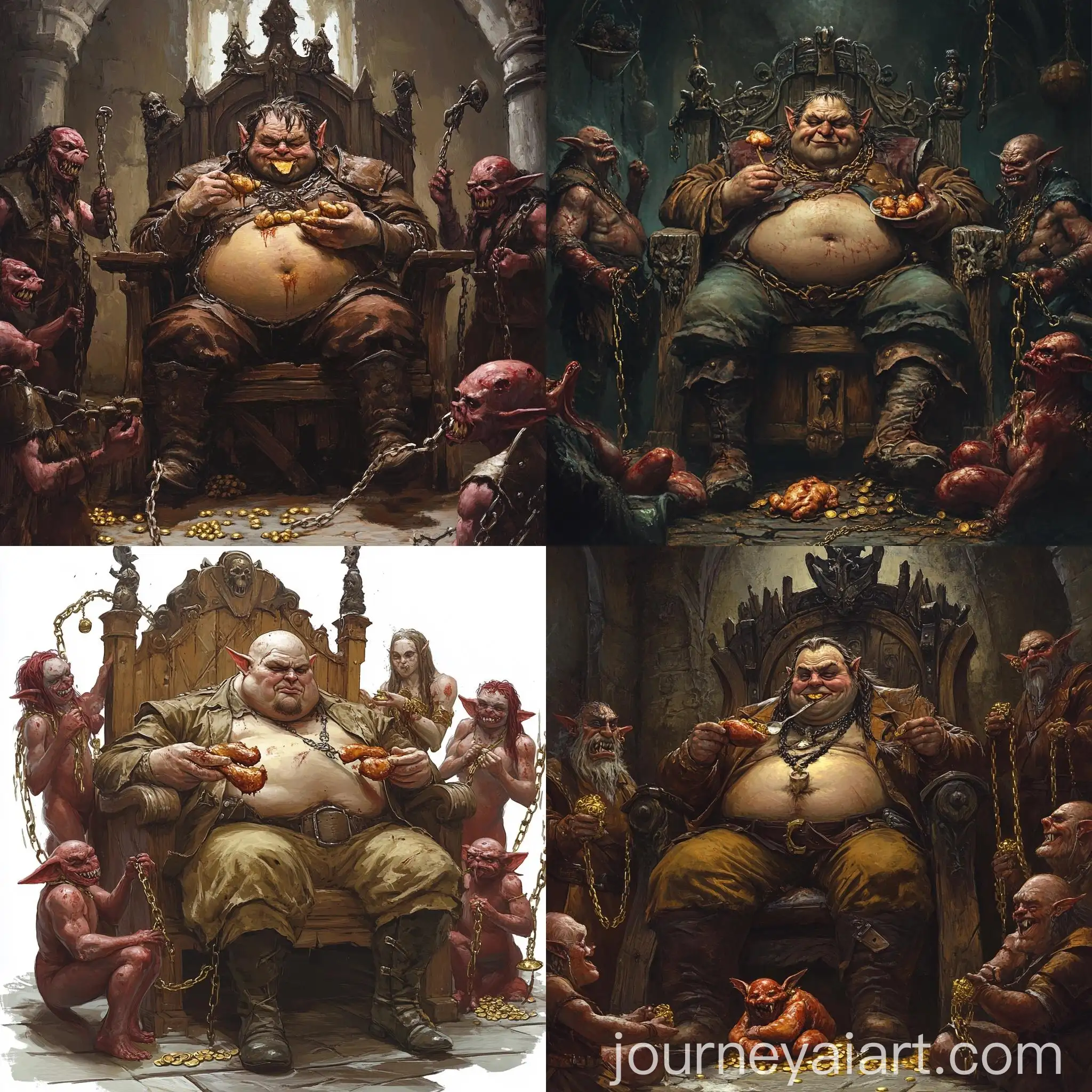 Elven-King-on-Wooden-Throne-with-Demon-Girls-and-Goblins