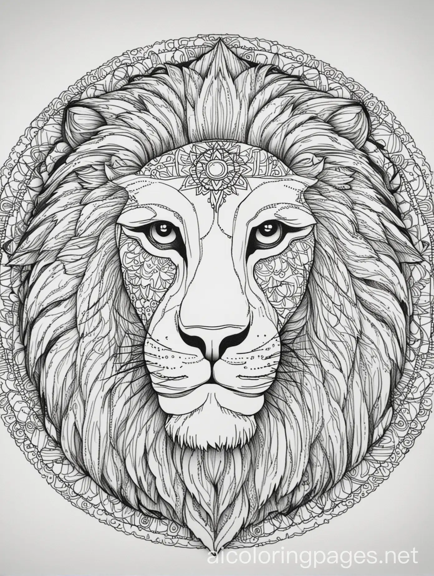 Adult coloring book, thin black lines on white background, no colors, no shades. Lion mandala, face close-up., Coloring Page, black and white, line art, white background, Simplicity, Ample White Space. The background of the coloring page is plain white to make it easy for young children to color within the lines. The outlines of all the subjects are easy to distinguish, making it simple for kids to color without too much difficulty