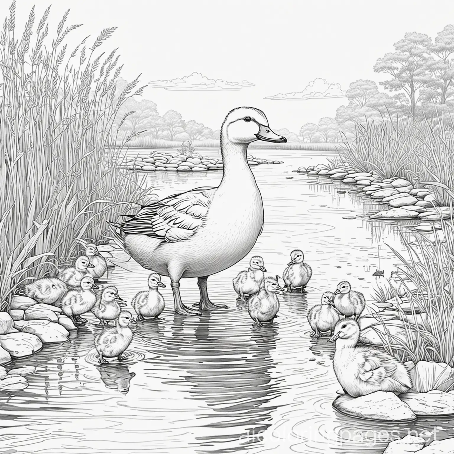 Mother-Duck-Leading-Ducklings-in-Line-Art-Coloring-Page