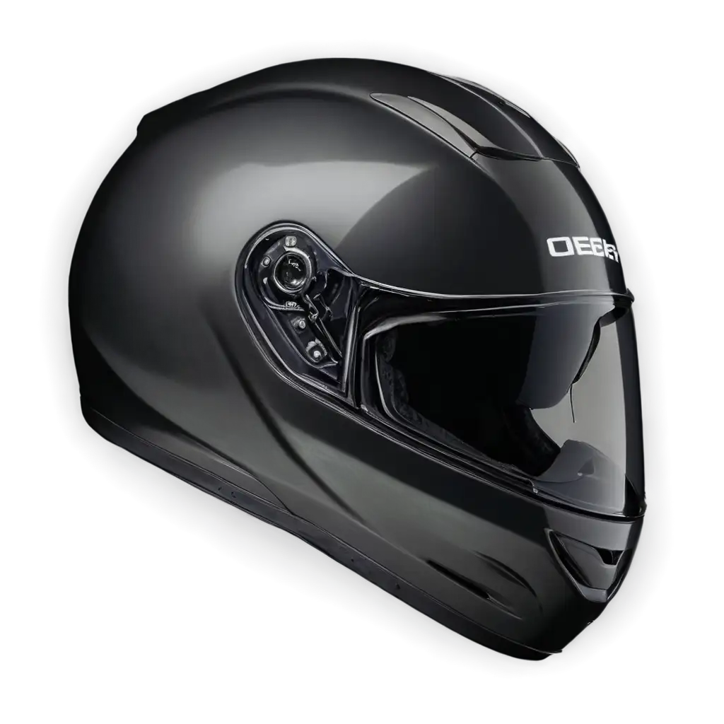 A modern motorcycle helmet, sleek and aerodynamic, floating against a transparent background. The helmet has a glossy black finish with subtle reflective details, a clear visor slightly tilted to reveal the interior padding, and small vents for airflow. The design should appear realistic, sharp, and well-lit, with soft shadows for depth, making it suitable for overlaying on various designs or thumbnails.