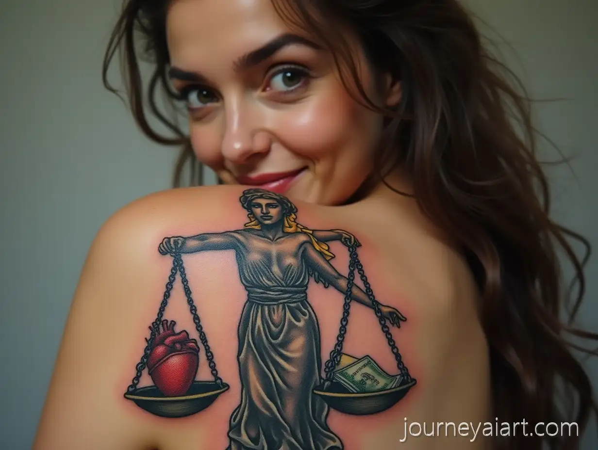Beautiful-Shoulder-Tattoo-of-Lady-Justice-Holding-Scales-with-Heart-and-Money