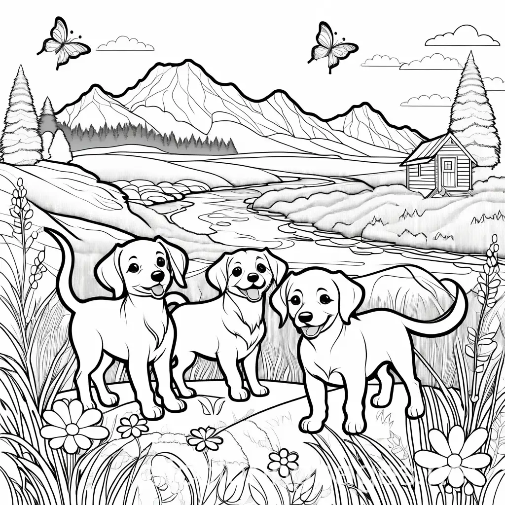 Playful-Puppy-Dogs-Chasing-Butterflies-in-Flower-Field-Coloring-Page