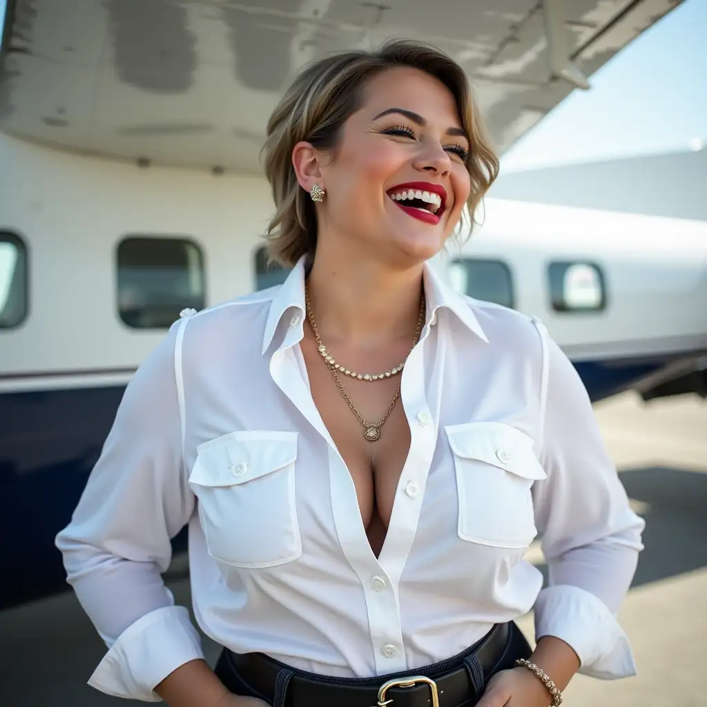 curvy white lady 35 years old, in white open pilot shirt, casually open pilot shirt, laughing with her mouth open, red lipstick accentuating her smile, belt on waist, big wide hips, chest are fully grown, jewelry, white buttons on shirt, short hair, HD, aerodrome, photo-realism