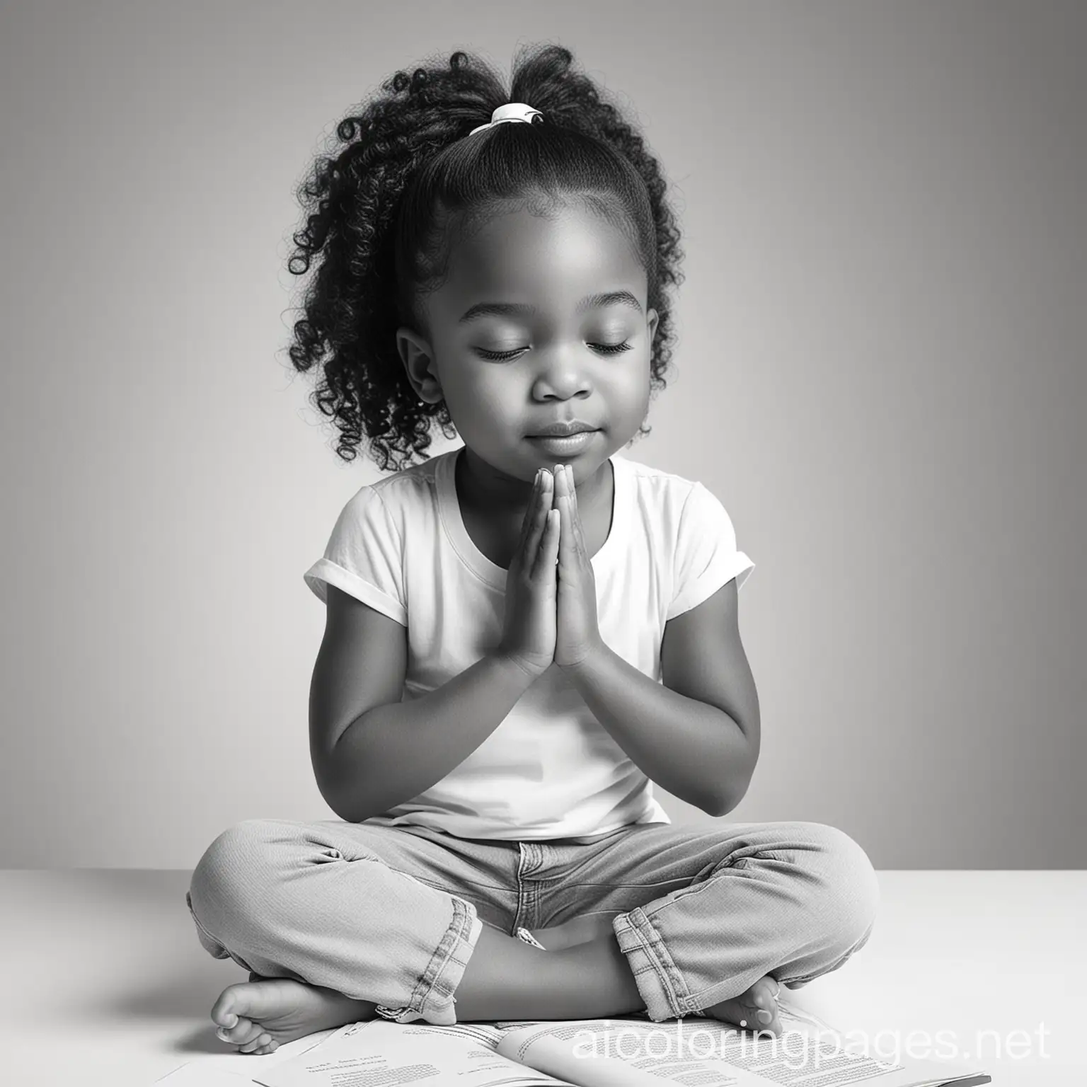 cartoon image of African American child, wearing white top and jeans sitting at a table, eyes closed, hands in praying position Holy Bible in front of her  Emotion is calm, serene, tranquil, Coloring Page, black and white, line art, white background, Simplicity, Ample White Space. The background of the coloring page is plain white to make it easy for young children to color within the lines. The outlines of all the subjects are easy to distinguish, making it simple for kids to color without too much difficulty