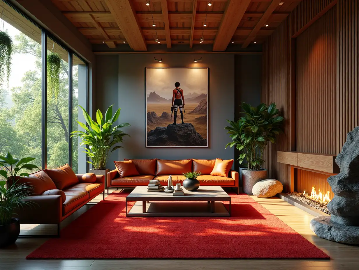 Large modern living room with red, carpet statue, lighting with furnishing very many hanging plants, Attack on Titan image on the wall Zen-Garden with carefully tended rocks, a meditative 180 degrees shot 8K resolution Colorful