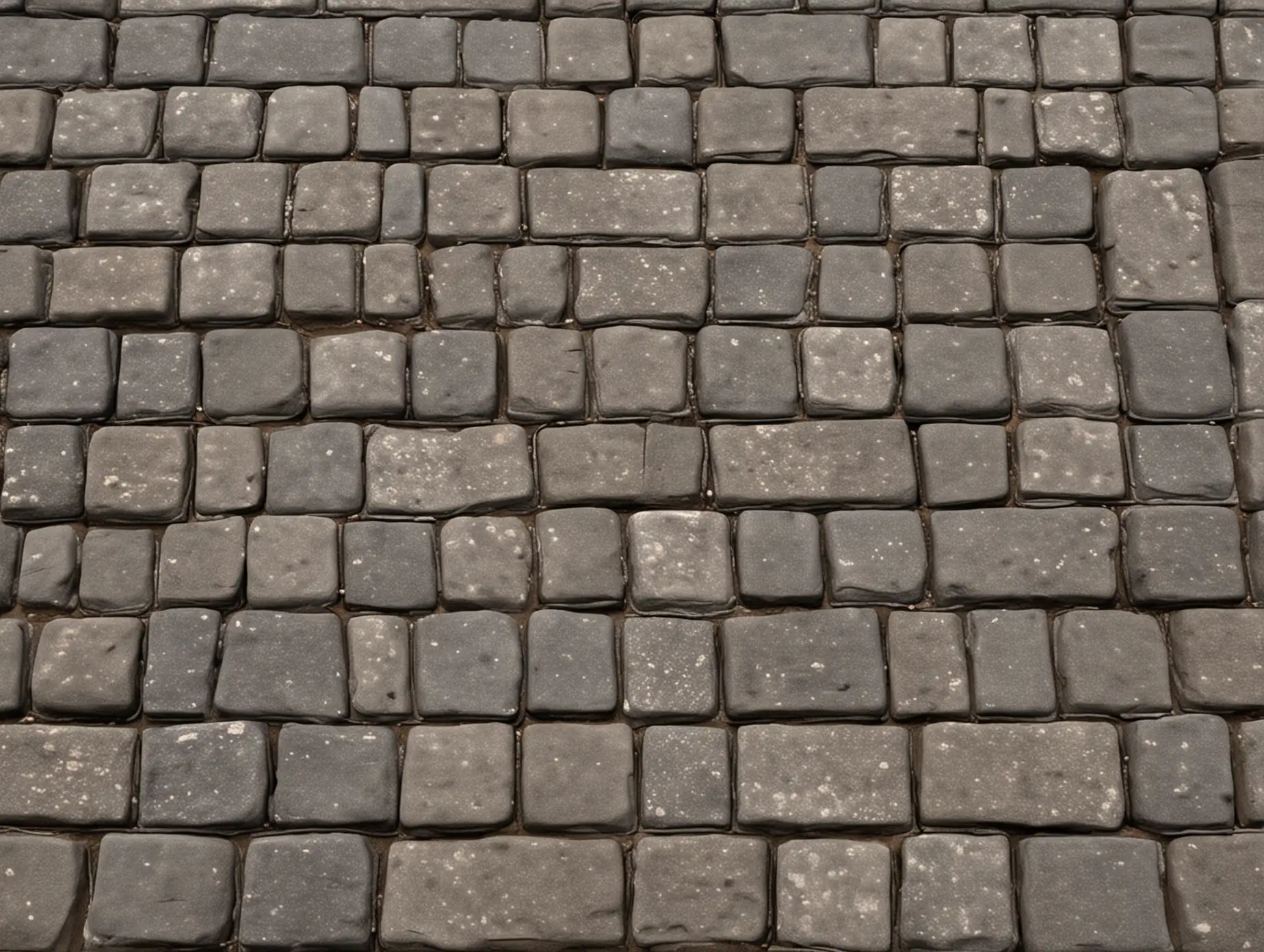 Generate a realistic cobblestone walkway, inspired by old European streets. The stones should be irregularly shaped and sized, with some variation in color, primarily in shades of warm brown and gray. The stones should be slightly weathered with smooth but uneven surfaces, suggesting years of wear. Include subtle shadowing between the stones to give a natural depth, and capture the gentle curve of the walkway. Avoid any background buildings, lights, or objects—focus solely on the texture and look of the cobblestone path itself.