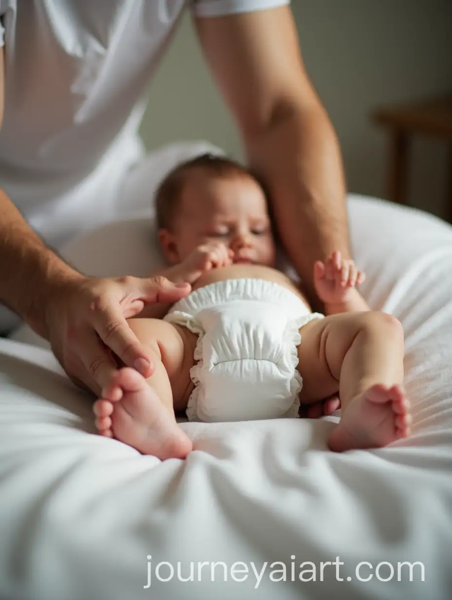 First-Person-View-of-a-Father-Changing-a-Babys-Diaper-on-a-Bed