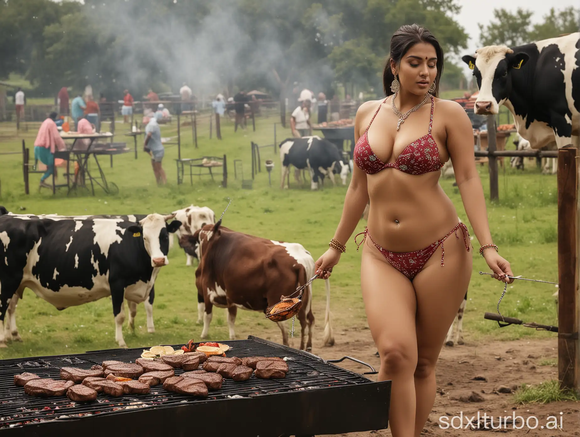 Indian-Woman-in-Bikini-Grilling-Steak-with-Wine-Cow-Grazing-in-Background