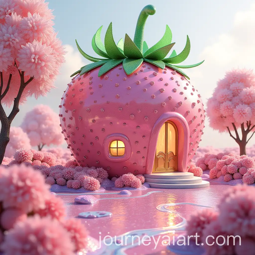 Whimsical-Strawberry-Mansion-with-Glittering-Pink-Exterior-and-Dreamy-Landscape