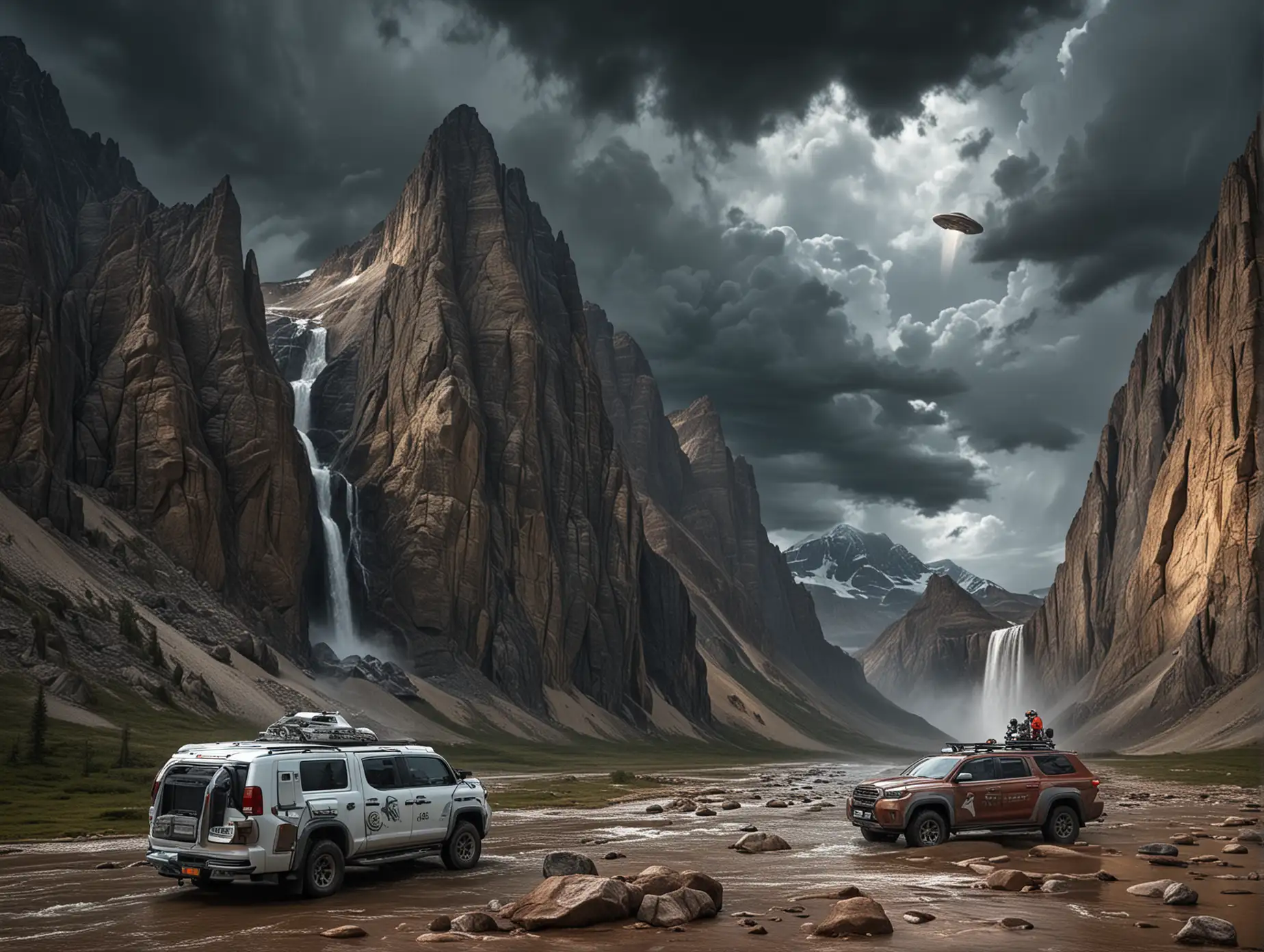 An alien ship is seen in dark sky clouds in a mountain valley with high-resolution and highly detailed mountain rock texture in Jasper National Park, with a wide waterfall in the distance, with a female astronaut in a bikini standing in front of her vehicle in the distance. The image is high-quality and high-resolution. No NSFW.