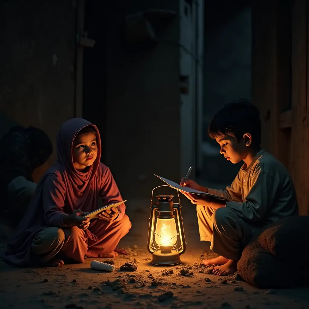 1980 Era, poor house hold south asia pakistan , no electricity, burning lantern, hungry kids, helpless mom and studying boy under lantern