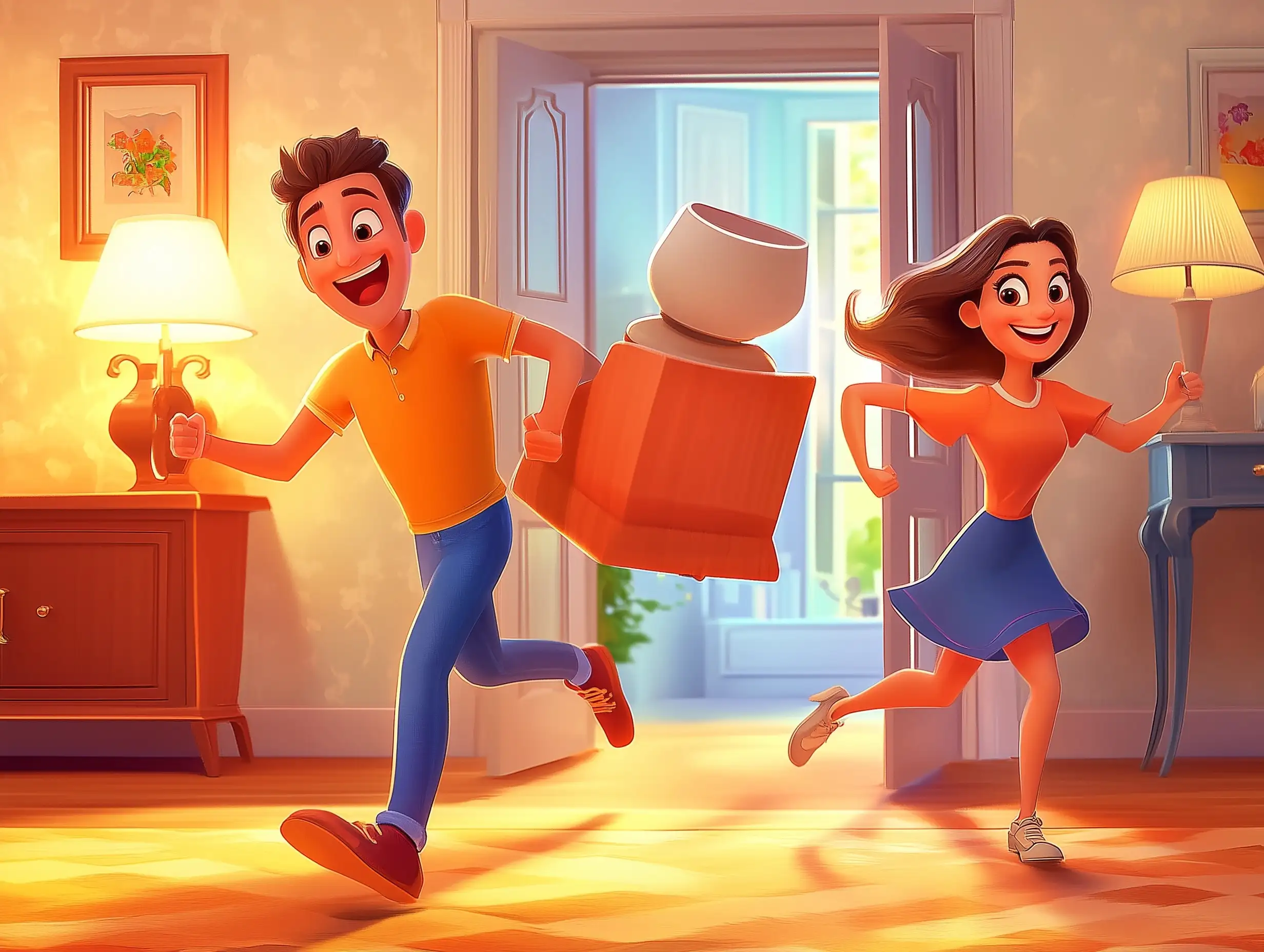 Joyful-European-Couple-Arriving-at-New-Home-with-Chair-and-Lamp