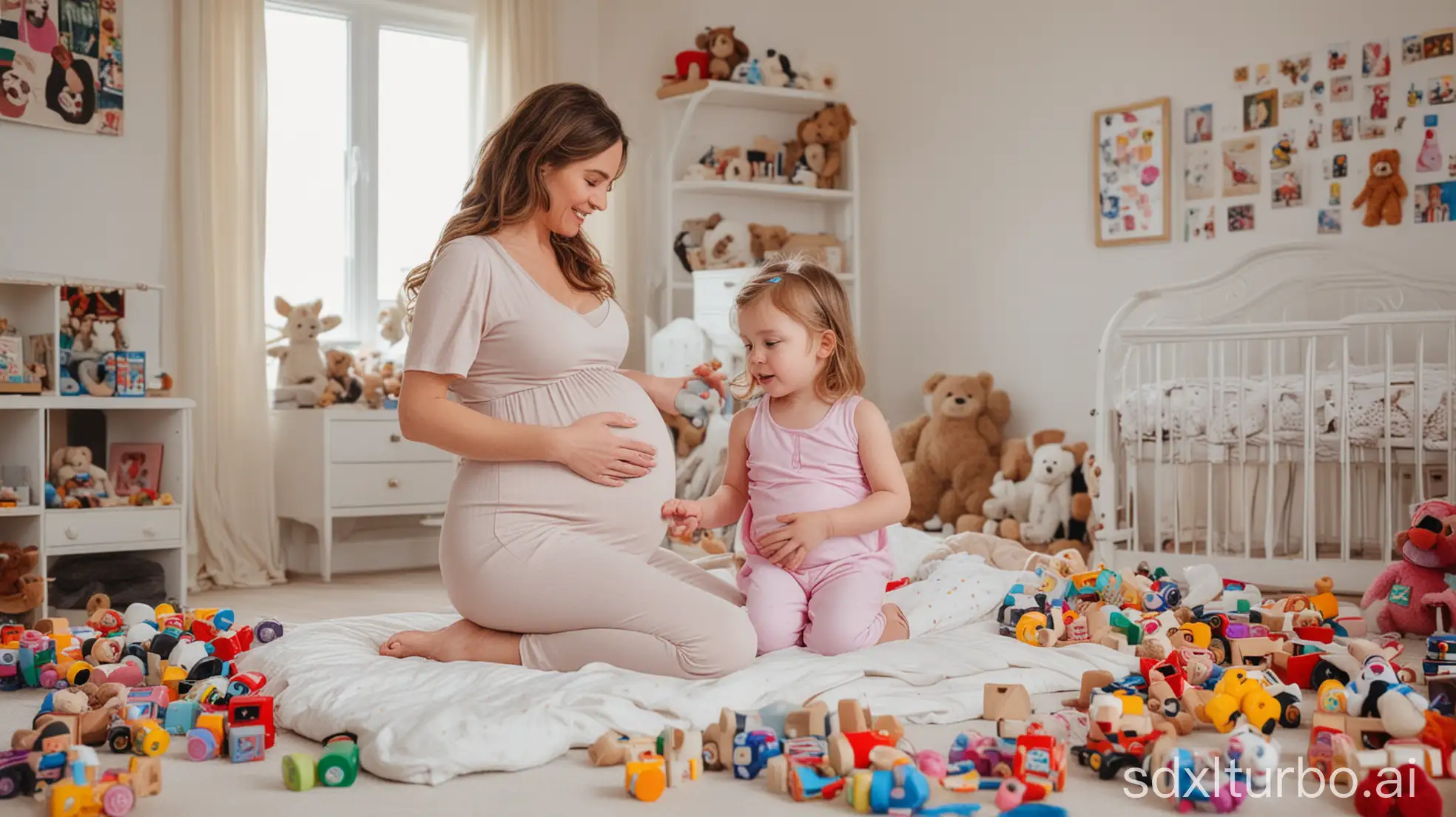 Pregnant-Mother-and-Daughter-in-Bright-Bedroom-Surrounded-by-Toys