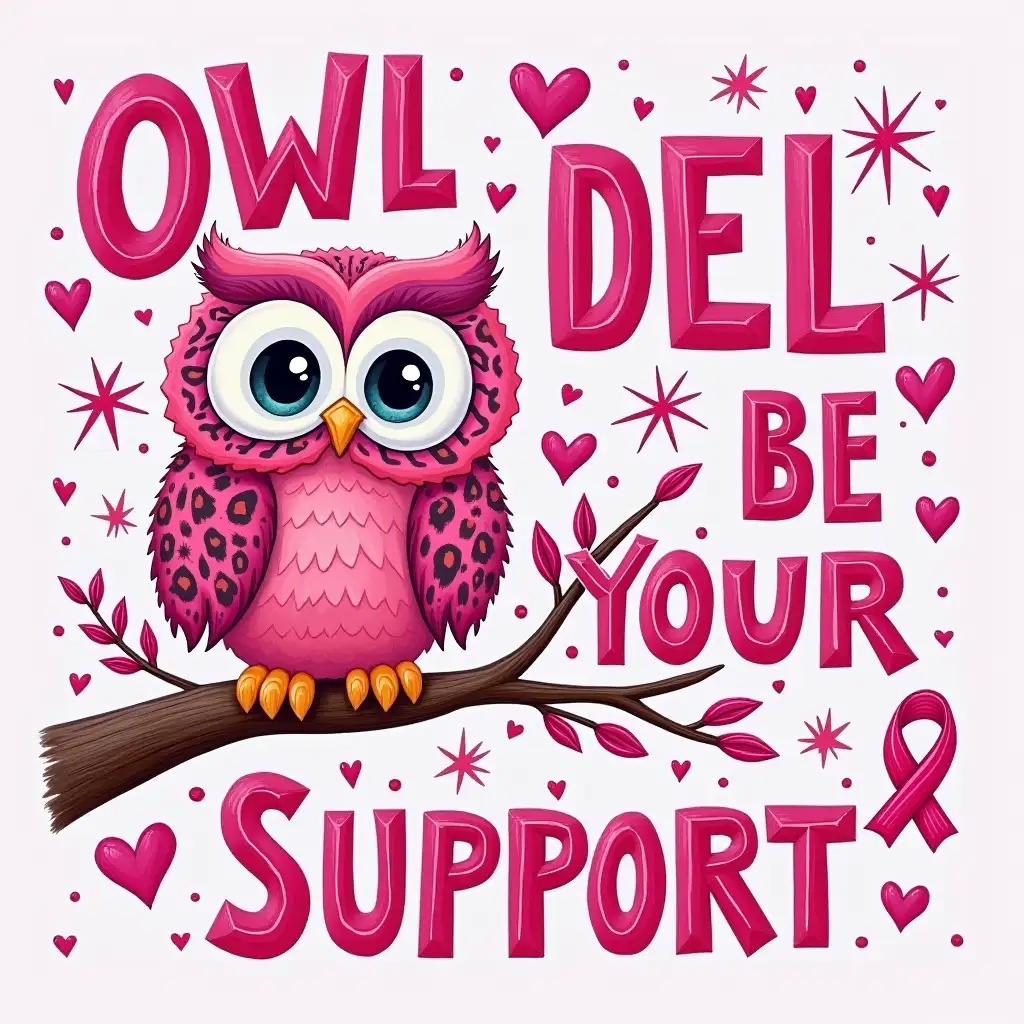 Oil painting art. Create a vibrant, pink-themed graphic featuring a colorful owl perched on a branch. The owl should be adorned with leopard print and surrounded by stars, hearts, and a pink ribbon symbol of breast cancer awareness. The text 'OWL BE YOUR SUPPORT' should be prominently displayed in bold, pink letters, with a playful, handwritten style. The overall style should be inspiring and empowering, with a focus on strength and positivity.