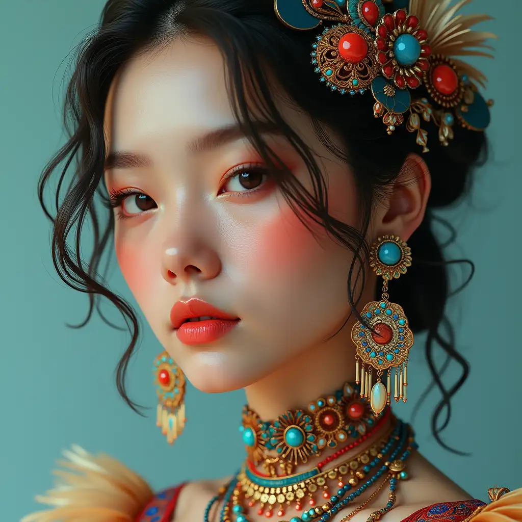 A hyperrealistic portrait of a beautiful woman, who is wearing intricately detailed, colorful and futuristic jewelry.