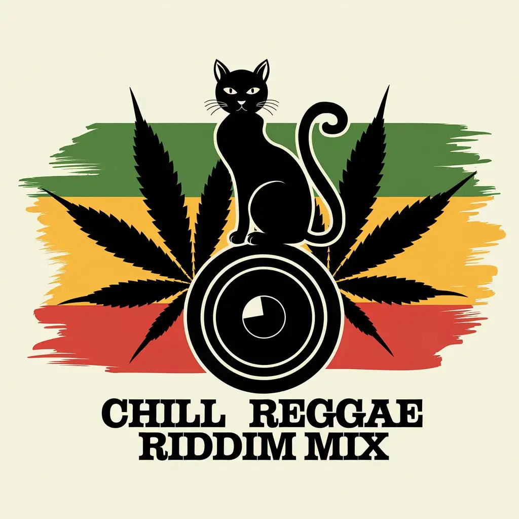 LOGO Design for Chill Reggae Riddim Mix Black Cat Speaker Marijuana Silhouette Rasta Colors