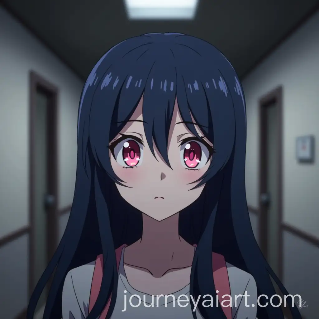 Anime-Female-Character-with-Glowy-Pink-EyesAI-Image-Prompt-Expansion-and-Dark-Blue-Hair-in-Hallway-Setting