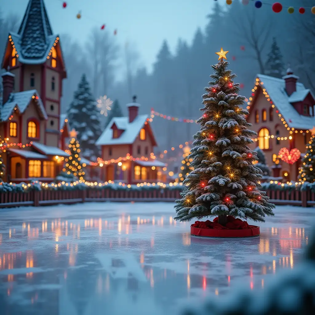 Ice rink with a Christmas tree in a fairy tale village with multicolored garlands, surrounded by a decorated fence, blurred background