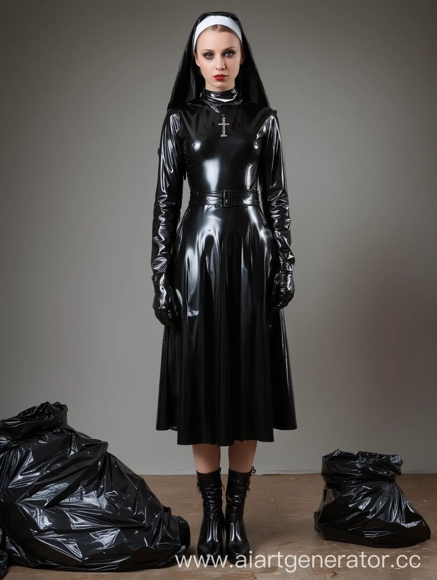 Beautiful Nun. Latex dress, boots. Stands modestly. Black trash bag. Cell.