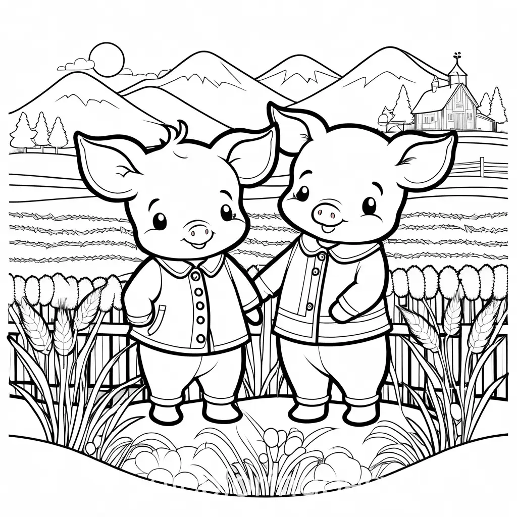 Chibi-Style-Two-Sibling-Piglets-Hugging-in-Wheat-Farm-Scene-Coloring-Page