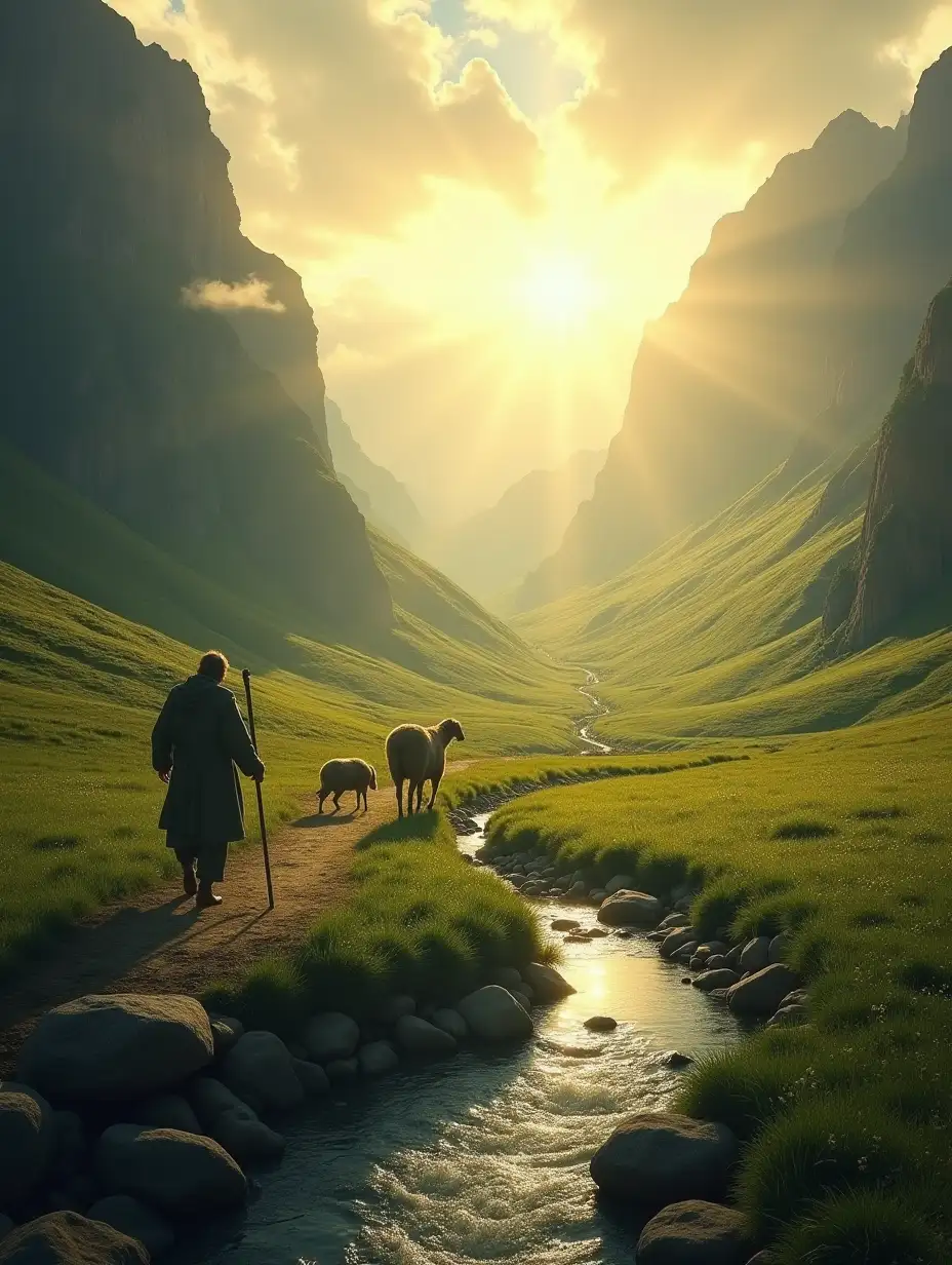 A breathtaking scene where a shepherd gently leads a weary traveler out of a dark valley and into a radiant landscape of green pastures and still waters. The transition is striking—on one side, the valley is shadowed and rugged, with mist clinging to jagged rocks. On the other, the land is lush and bathed in warm golden sunlight, with rolling green fields stretching endlessly. A crystal-clear stream winds peacefully through the meadow, reflecting the sky's soft hues. The shepherd, wise and strong, walks ahead with his staff, guiding the traveler toward rest and renewal. The traveler, once weary, now stands in awe, taking in the beauty and peace of the promised land.